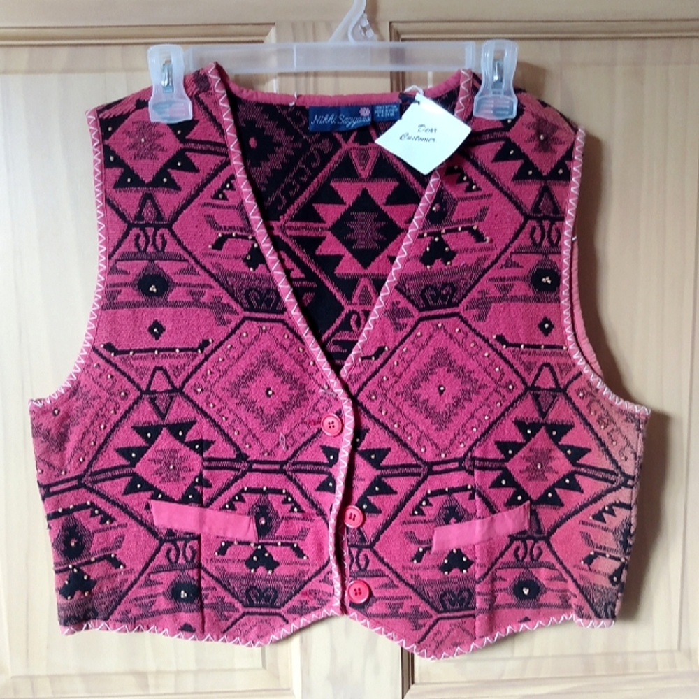 Vintage Nikki Saggars lx pink vest with black Aztec design